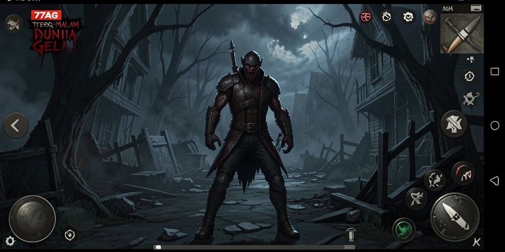 Screenshot dari gameplay menyeramkan 77AG, memperlihatkan suasana gelap dan menakutkan.