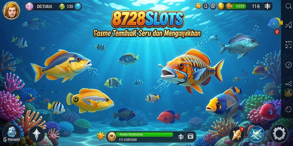 Screenshot menunjukkan aksi seru dalam game Tembak Ikan 8728SLOTS.