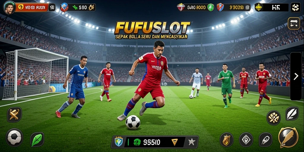 Tampilan gameplay seru dalam FUFUSLOT menampilkan aksi sepak bola yang mendebarkan.