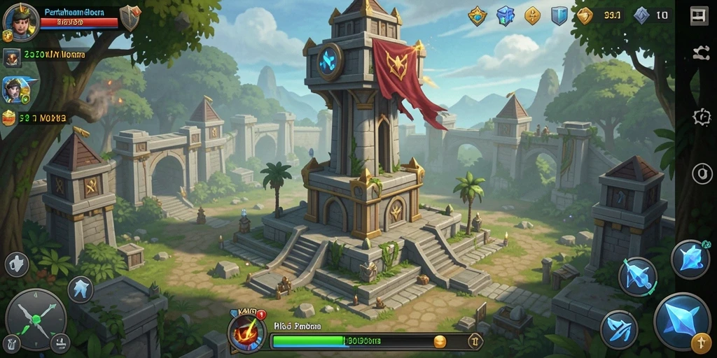 Screenshot gameplay KAKRP menampilkan pertahanan menara yang strategis.