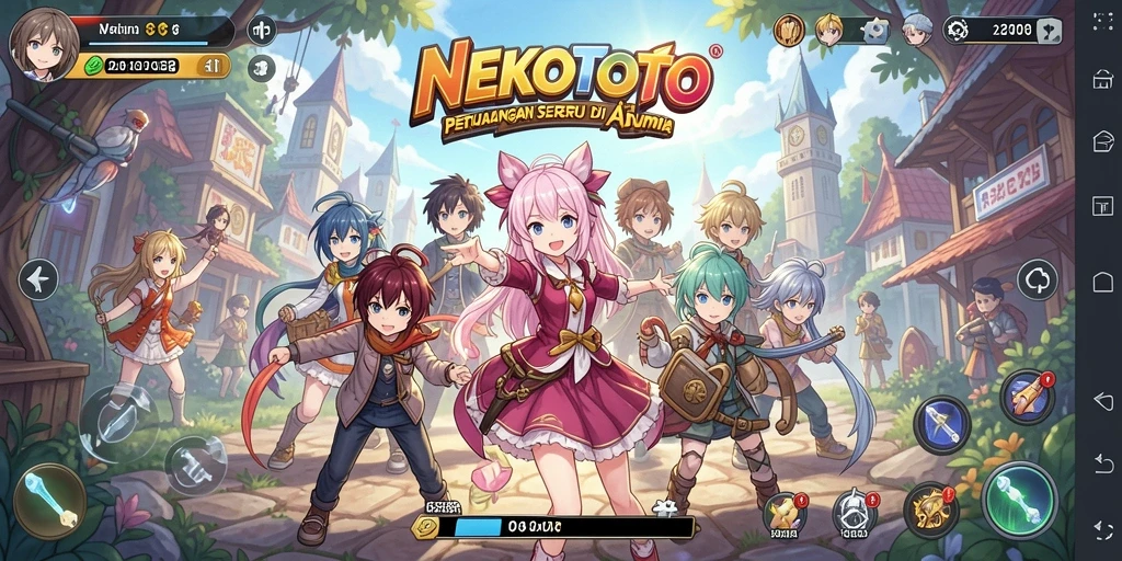 Screenshot gameplay NEKOTOTO yang menampilkan karakter anime beraksi.